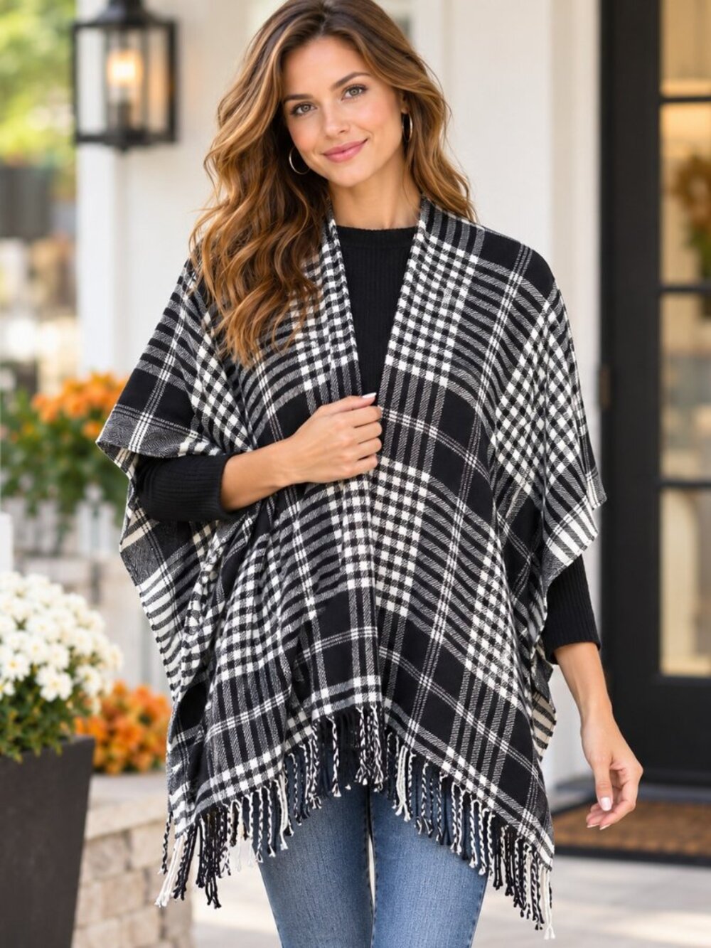 Black White Plaid Poncho Womens Fringe Shawl Wrap Cape Fall Winter One Size